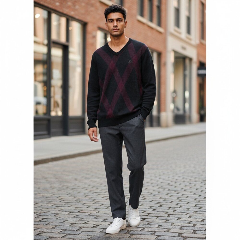 STORE 68 Men's Sweater Crew Diamond Plaid Pattern Black Red XL